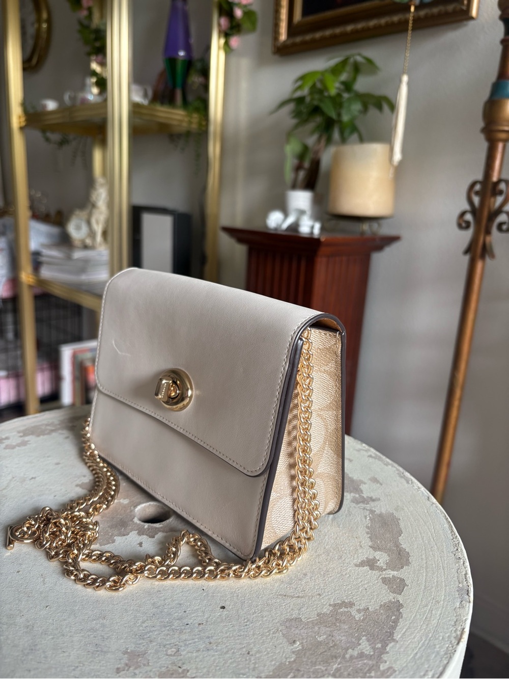 Coach Beige Taupe Leather & Canvas Chain Crossbody Bag